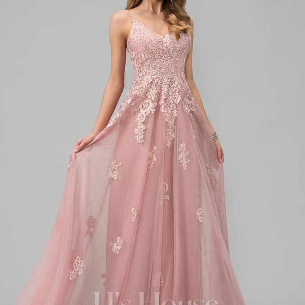 A-Line V-neck Floor-Length Tulle Dress with Lace